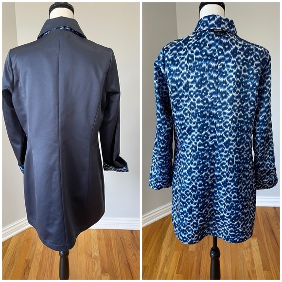 Dennis by Dennis Basso blue and leopard cheetah reversible dress coat size S - Picture 4 of 16